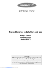 Hotpoint FFA45W Instructions For Installation And Use Manual