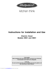 Hotpoint HE61 Instructions For Installation And Use Manual