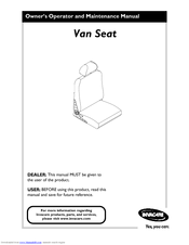 Invacare Van Seat PH904A Owner's Maintenance Manual