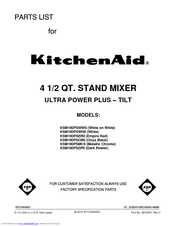 KitchenAid KSM100PSWW - Ultra Power Plus Stand Mixer Parts List