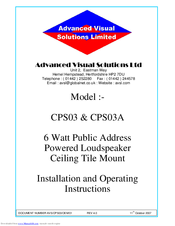 Advanced Visual Solutions CPS03 Installation And Operating Instructions Manual