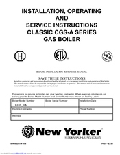 New Yorker Classic CGS-A Series Installation, Operating And Service Instructions