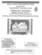 Valor Valorstar VN12-P Installation And Operating Instructions Manual