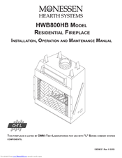 Monessen Hearth Radiant Wood Burning HWB800HB Installation, Operation And Maintenance Manual
