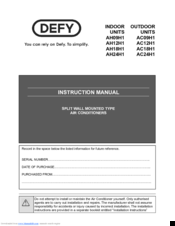 Defy AC09H1 Instruction Manual