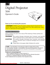 3M X66 - Digital Projector XGA LCD Operator's Manual