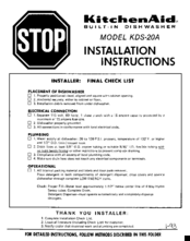 KitchenAid Superba KDS20A Installation Instructions Manual