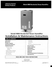 Johnson Controls Unitary Products 8000 Residential Steam Humidifier Installation & Maintenance Instructions Manual