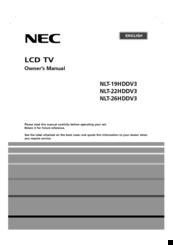 NEC NLT-26HDDV3 Owner's Manual