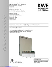 KWE Versatronik 502D NR2/MODBUS P/N 704088 Technical, Installation And Configuration Information