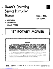 MTD 114-100A Owner's Operating Service Instruction Manual