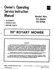 MTD 115-070A Owner's Operating Service Instruction Manual