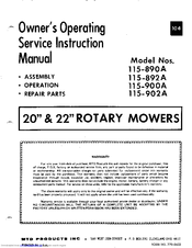 MTD 115-900A Owner's Operating Service Instruction Manual