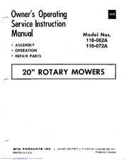 MTD 116-072A Owner's Operating Service Instruction Manual