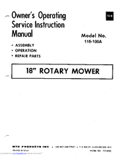 MTD 116-100A Owner's Operating Service Instruction Manual