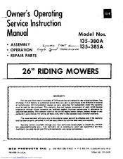 MTD 135-380A Owner's Operating Service Instruction Manual