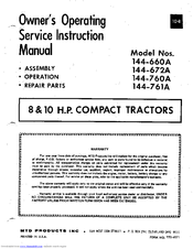 MTD 144-760A Owner's Operating Service Instruction Manual