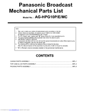 Panasonic AG-HPG10E Parts List