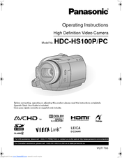 Panasonic Hdc Hs100 Flash Memory High Definition Camcorder Manuals Manualslib