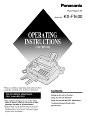 Panasonic KXF160 - CONSUMER FACSIMILE Operating Instructions Manual