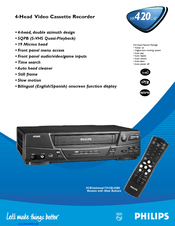 Philips 4-HEAD VIDEO CASSETTE RECORDER VR420CAT - Hook Up Guide Specifications