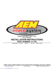 AEM 21-705 Installation Instructions Manual