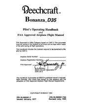 Beechcraft Bonanza D35 1994 Pilot's Operating Handbook And Faa Approved Airplane Flight Manual