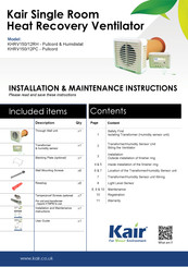 Kair KHRV150/12RH Installation & Maintenance Instructions Manual