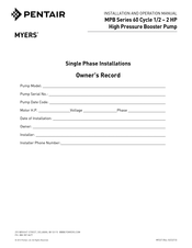 Pentair MYERS 20MPB200 Installation And Operation Manual