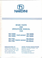 NARDINI MASCOTE MS-1600E Spare Parts & Operator's Manual