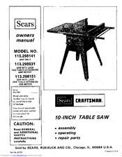 Sears Craftsman  Table Saw Manual Model # 113.298762