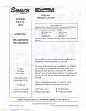 Sears Kenmore 116.35922500 Repair Parts List Manual