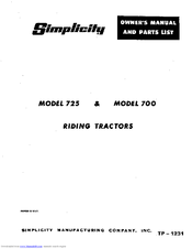 Simplicity 750 Owner's Manual And Parts List