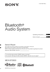 Sony MEX-BT2800 - Bluetooth Audio System Operating Instructions Manual