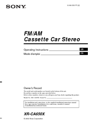 Sony XR-CA650X - Fm-am Cassette Car Stereo Operating Instructions Manual
