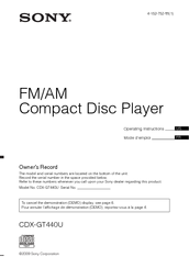 Sony CDX-GT440U - Fm/am Compact Disc Player Operating Instructions Manual