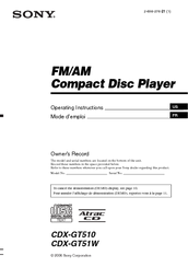 Sony CDX-GT510 - Fm-am Compact Disc Player Operating Instructions Manual