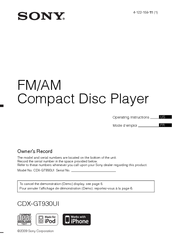 Sony CDX-GT930UI - Fm/am Compact Disc Player Operating Instructions Manual