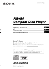 Sony CDX-GT805DX - Cd Receiver Operating Instructions Manual