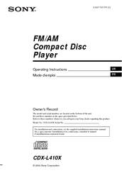 Sony CDX-L410X - Fm/am Compact Disc Player Operating Instructions Manual