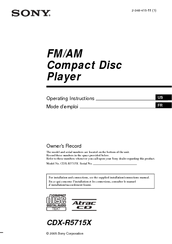 Sony CDX-R5715X - Fm/am Compact Disc Player Operating Instructions Manual