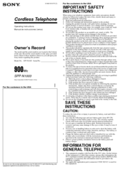Sony SPP-N1003 - 900mhz Cordless Telephone Operating Instructions Manual
