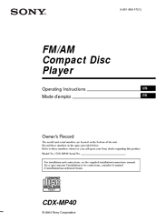 Sony CDX-MP40  (XT-XM1) Operating Instructions Manual
