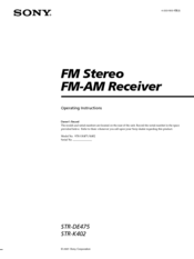 Sony STR-K402 - Fm Stereo/fm-am Receiver Operating Instructions Manual