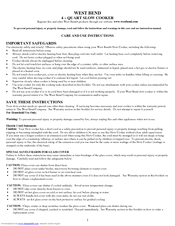West Bend Slow Cooker Care And Use Instructions Manual