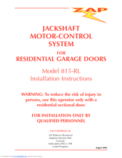 Zap JACKSHAFT MOTOR-CONTROL SYSTEM 815-RL Installation Instructions Manual