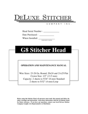 DeLuxe Stitcher G8BHD Operation And Maintenance Manual