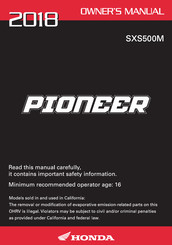 Honda Pioneer SXS500M 2018 Owner's Manual