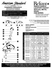 American Standard Reliant+ 2385 Series Installation Instructions