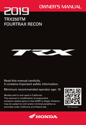 Honda FourTrax Recon TRX250TM 2019 Owner's Manual